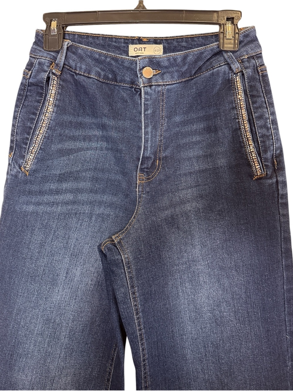 Oat New York Women’s Dark Blue Wide-Leg Jeans with Rhinestone Slash Pockets Sz 4 - Picture 2 of 11